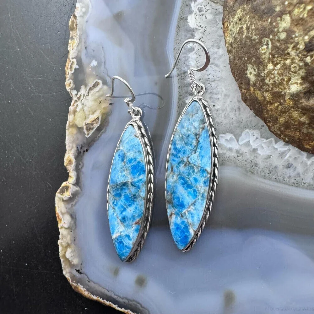 Sterling SW Style Elongated Marquise Blue Apatite Dangle Earrings For Women